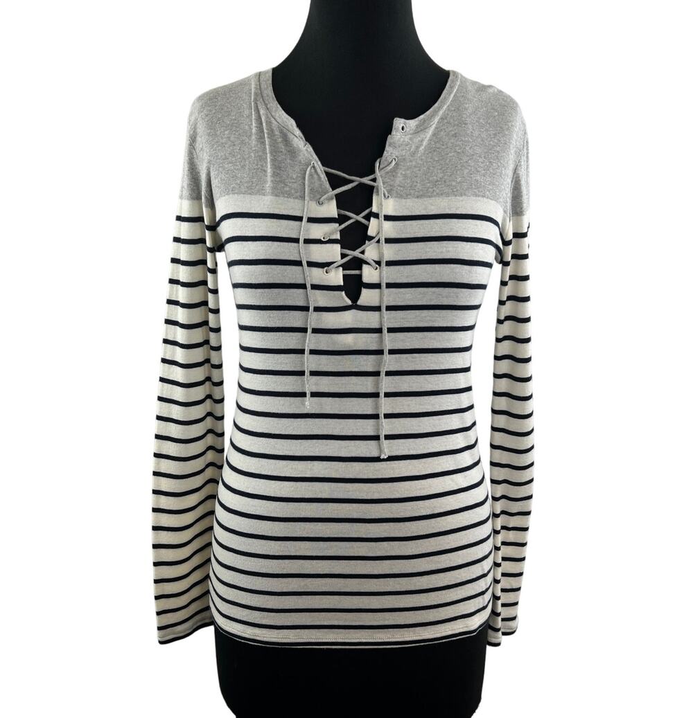 MAJESTIC FILATURES Lace Up Gray Deluxe Tee Shirt Long Sleeve Stripe Size 1 RARE